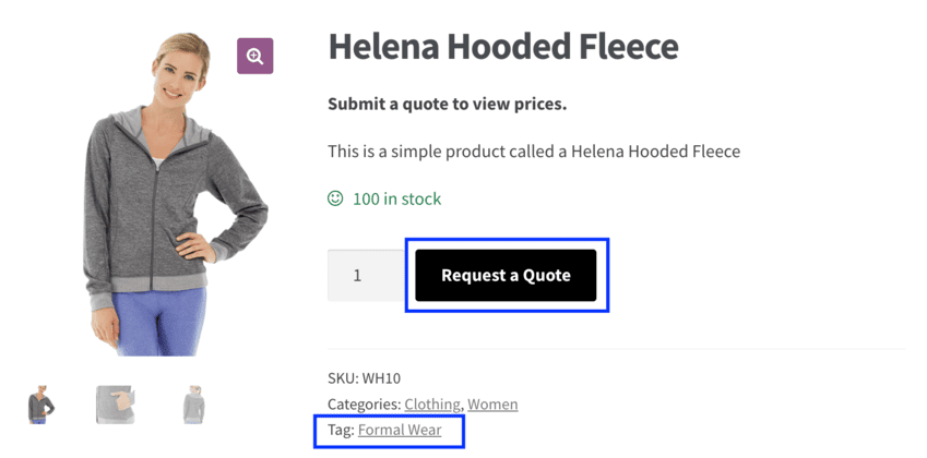 Request quote button on single product page