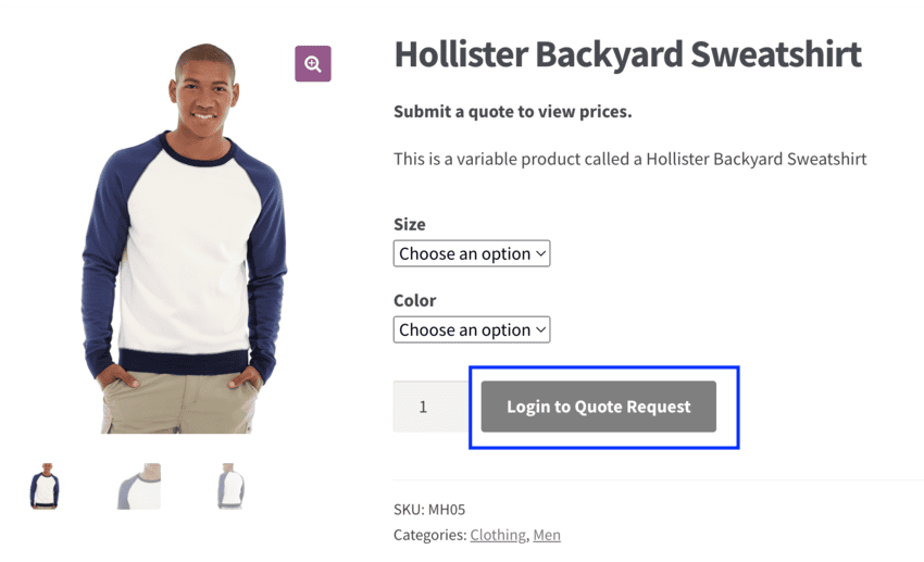 Product page with custom button