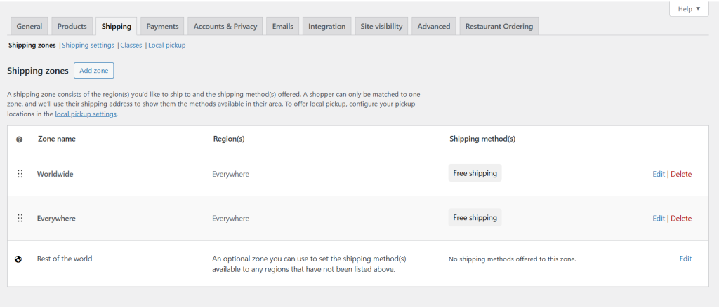 WooCommerce shipping - shipping zones