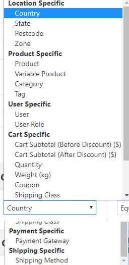 Parameters, for which, you can create rules in WooCommerce