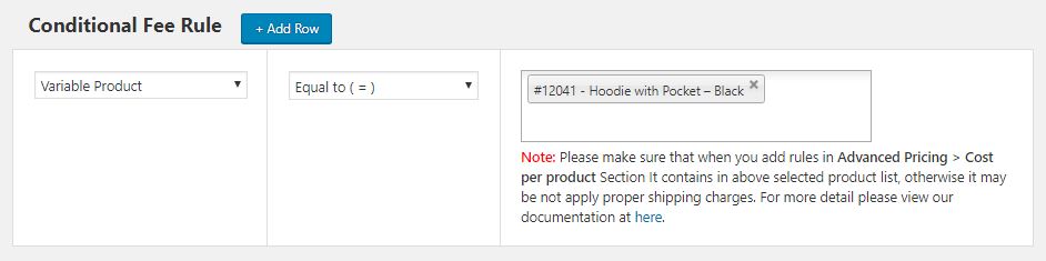 Conditional Fee Rule for Variable Product where Variation is black-colored.