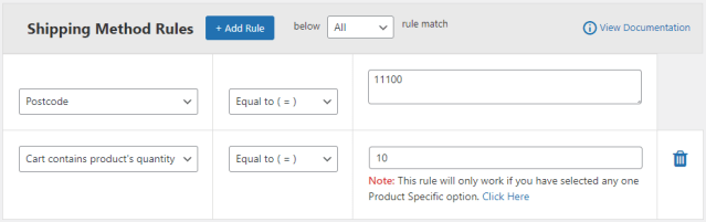 Shipping rule based on the specific product's quantity & postcode